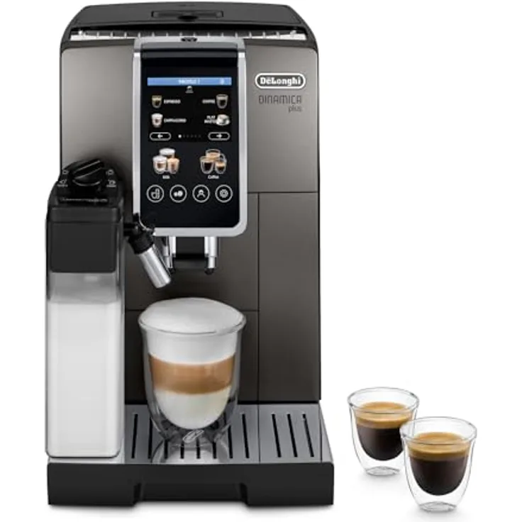 De'Longhi Dinamica Plus ECAM380.95.TB, Kaffeevollautomat mit LatteCrema Milchsystem, One-Touch-Cappuccino, mit 24 Rezepten, 3,5-Zoll TFT-Farbdisplay, 1450W, Titan/Schwarz