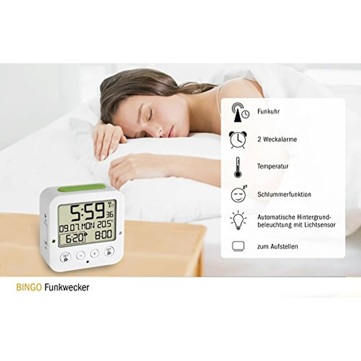 TFA Dostmann Funkwecker Bingo TFA 60.2528 digitaler Reisewecker, mit Funkuhr, 2 Weckalarmen und automatischer Hintergrundbeleuchtung, schwarz – Bild 9