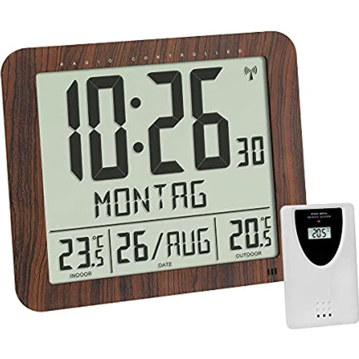 TFA Dostmann Funk Wanduhr Holzoptik, 60.4518.08, mit Außensender, Innen- und Aussentemperatur, gut ablesbar, mit Datum und Wochentag, braun – Bild 1