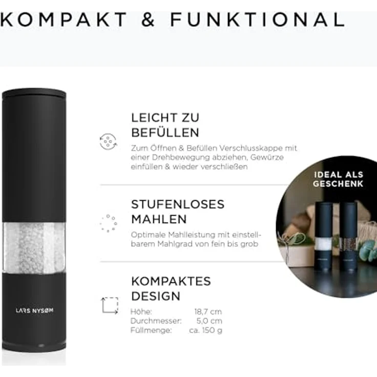 LARS NYSØM Salz und Pfeffer Mühle 2er Set Manuell mit einstellbarem Keramik-Mahlwerk von grob bis fein I Design Gewürzmühlenset (2 Stück) (Onyx Black) – Bild 4