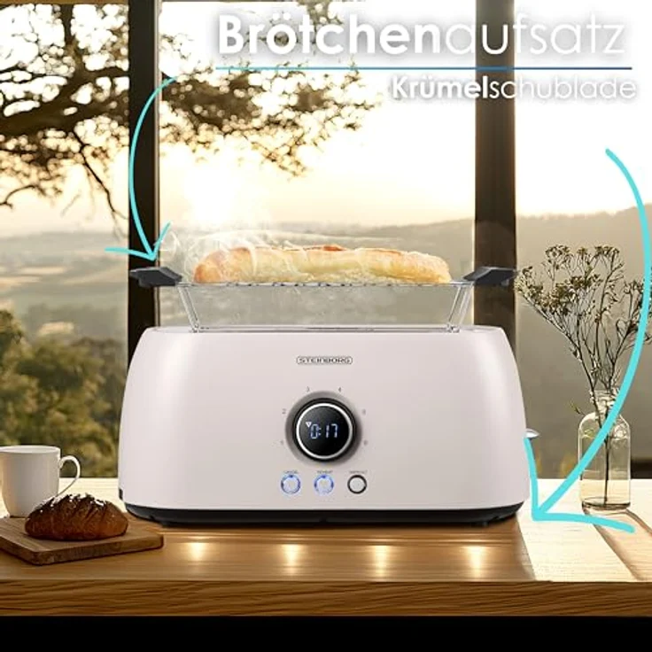 Steinborg Langschlitztoaster 4-Scheiben mit Brötchenaufsatz, automatischer Abschaltung, digitalem Display und Restzeitanzeige, Cool-Touch-Gehäuse (Bulgur Beige) – Bild 4