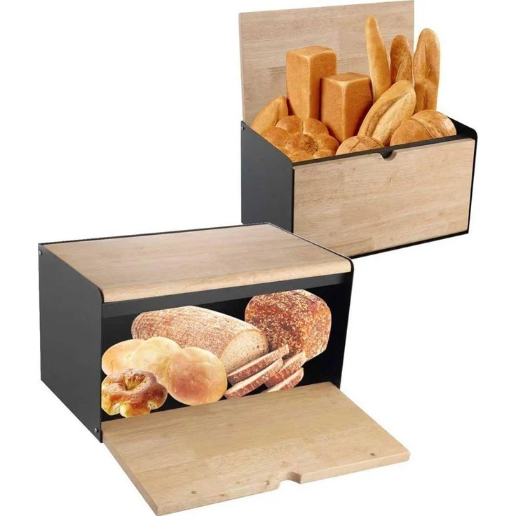 Klausberg wooden and steel bread box (KB-7386), Brotaufbewahrung, Schwarz – Bild 1