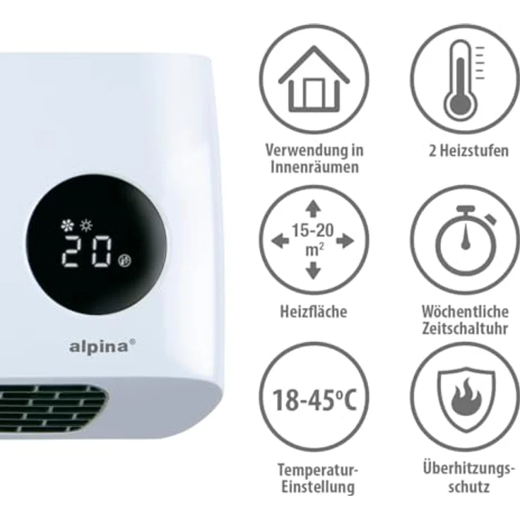 alpina Wandheizgerät 1000-2000W - PTC Keramik Heizlüfter - Verstellbare Heizstufen und Timer - Elektrische Wandheizung mit Fernbedienung - Ideal für Innenräume – Bild 3