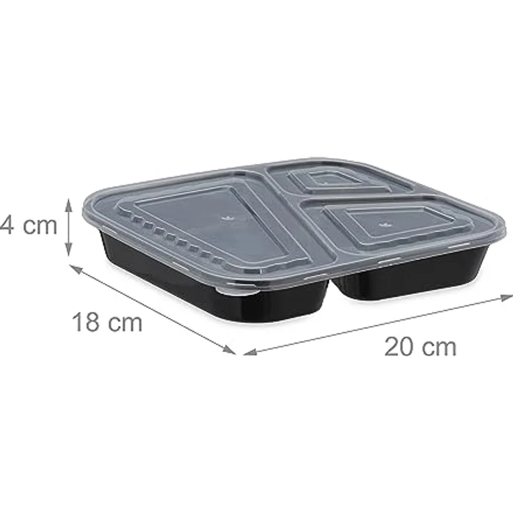 Relaxdays 24er Set Meal-Prep-Boxen, Lunchbox mit 3 Fächern, mikrowellen- und gefriergeeignet, Schwarz – Bild 4