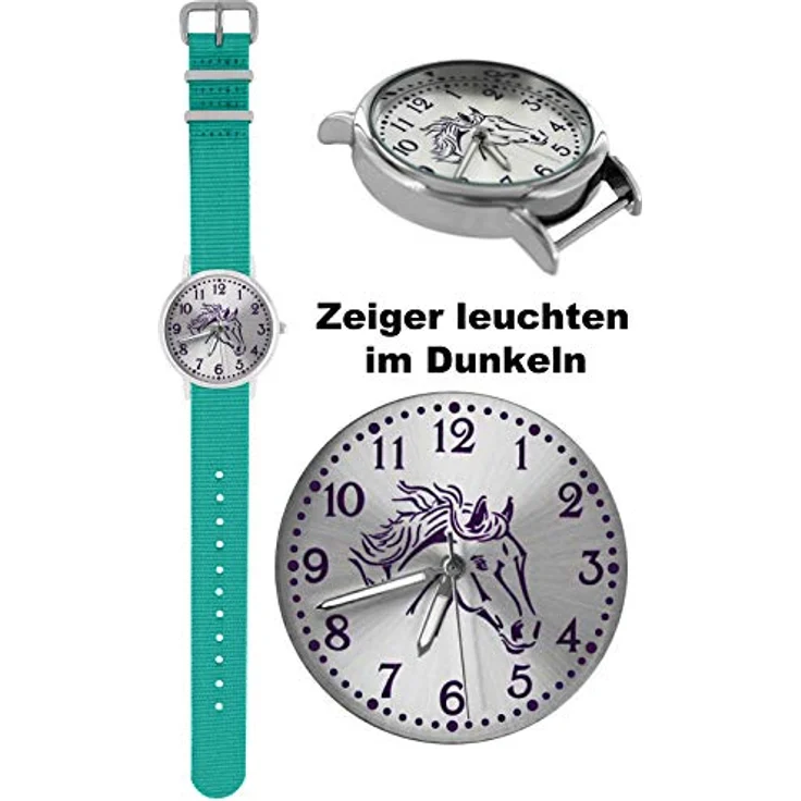 Pacific Time Mädchen Uhr Pferde, analoge Quarz-Armbanduhr mit türkisem Textil-Wechselarmband, leuchtende Zeiger, 3,2 cm Gehäusedurchmesser – Bild 4