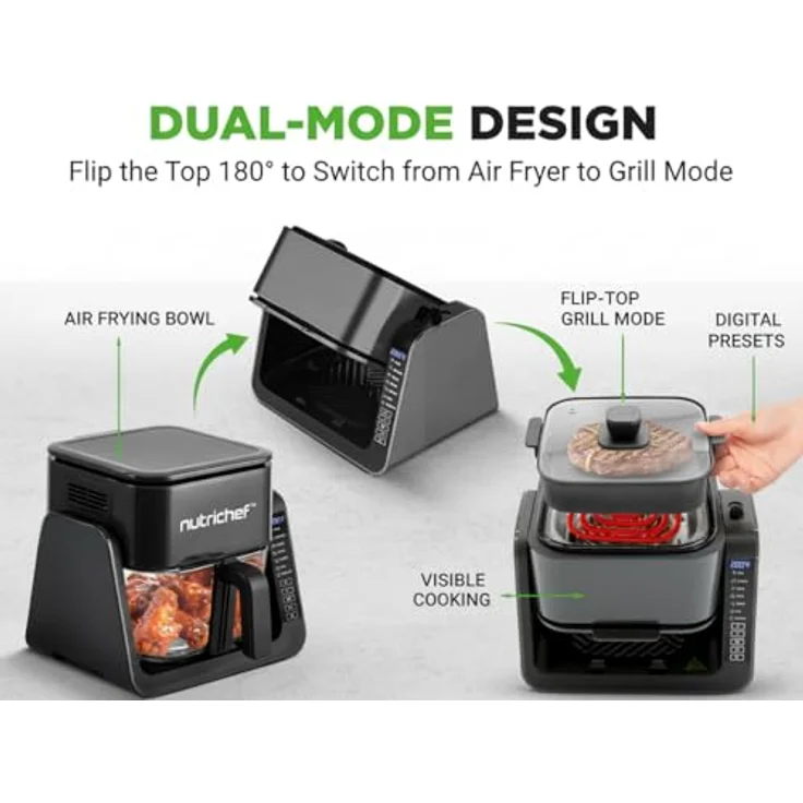 NutriChef 4L Airfryer & Elektrogrill, 7-in-1 Heißluftfritteuse mit 1500 W, 1.2L Grillfläche, transparentem Sichtfenster, schwarz – Bild 3