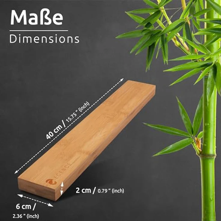 ECENCE Bambus Messerleiste magnetisch selbstklebend, 40cm, Messerhalter Wandmontage oder Selbstklebend, Messer Magnetleiste mit starkem Magnet, Werkzeugleiste, Schlüsselbrett, echter Bambus mit natürlicher Maserung – Bild 3