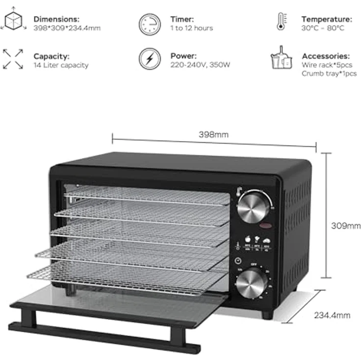 TurboTronic TurboWave BIO Dörrgerät, 5 Ebenen, 350 Watt, schwarz, Metall - Preisvergleich – Bild 2