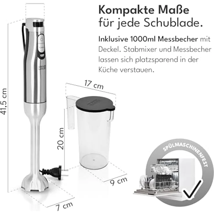 LEBENLANG Premium 1200W Stabmixer Edelstahl, inkl. 1000ml Messbecher & Spritzschutz, stufenlos verstellbar mit Turbo-Modus, elektrische Hand Blender Pürierstab für Suppen, Saucen & Smoothies – Bild 5