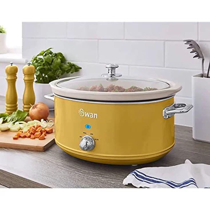 Swan Retro SF17031YELNEU Slow Cooker 6,5L Abnehmbarer Kochbehälter, PFOA- und PTFE-freier Keramischer Antihaft-Behälter, 3 Temperaturstufen, Glasdeckel, Vintage-Design, Gelb, 320W – Bild 2
