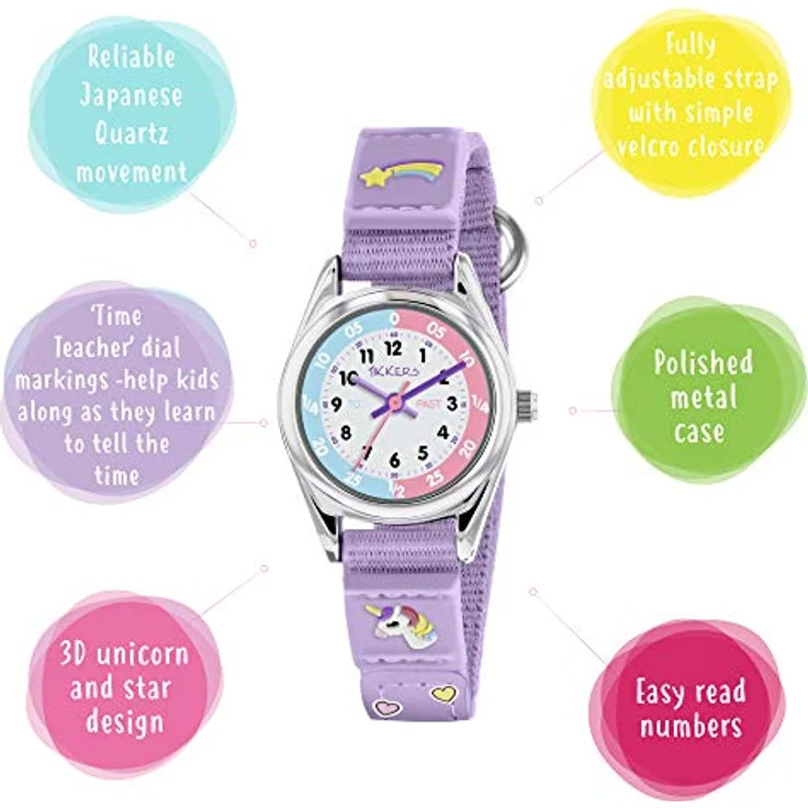 Tikkers Mädchen Analog Classic Quarz Uhr TK0148, Textilarmband mit Einhorn-Design, verstellbarem Klettverschluss, 24 mm Gehäuse – Bild 2