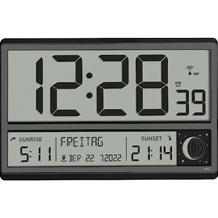 TFA Dostmann Digitale XL Funk Wanduhr, 60.4524.01, mit Sonnenauf- und -untergang, Weckalarm, große Ziffern, Mondphasen, lautlos, schwarz – Bild 2