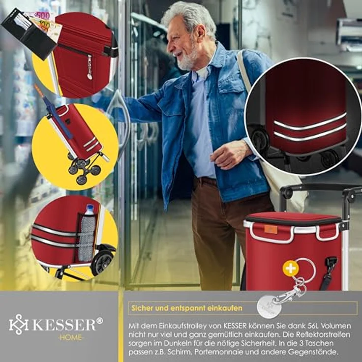 KESSER® Einkaufstrolley Treppensteiger mit Kühlfach, klappbar, 56L Kapazität, belastbar bis 50kg, 3in1 Trolley Sackkarre & Umhängetasche, Bordeaux – Bild 5