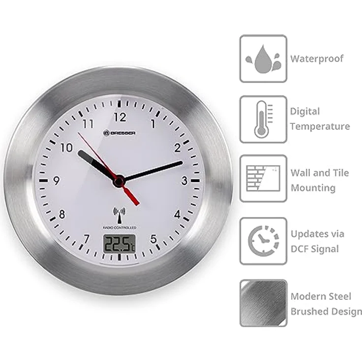 Bresser 8020114 Bad Wanduhr MyTime Bath mit Temperaturanzeige und Funkuhr mit gebürstetem Aluminiumrahmen, Saugnäpfen und Standfuß für Tischmontage, Weiß – Bild 5