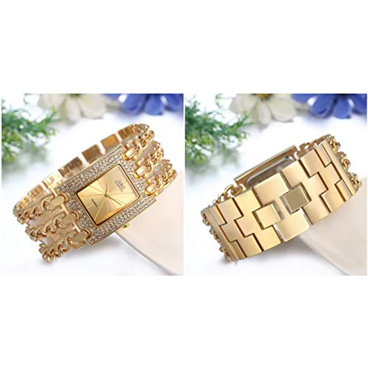 JewelryWe Damen Uhr Elegant Analog Quarz Armbanduhr mit Strass, rechteckig, dreifach Panzerkette Armband, Gold – Bild 4