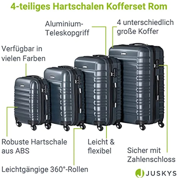 Juskys Hartschale Kofferset Reisekoffer 4 teilig - Zahlenschloss, geräuscharme 360° Rollen groß, Teleskopgriff, leicht - Koffer in Anthrazit – Bild 3