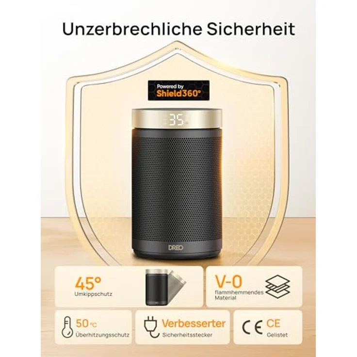 Dreo Energiesparender Heizlüfter, 34 dB Leiser 1500W Elektrischer PTC Keramik, Thermostat, Überhitzungs- & Kippschutz, 12 Std. Timer, Elektroheizung für Räume Schlafzimmer, Atom 316, Gold – Bild 5