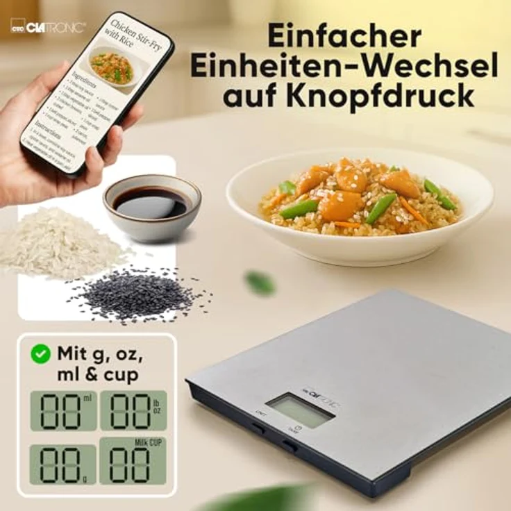 Clatronic KW 3821, digitale Küchenwaage aus Edelstahl mit 1g Schritten bis 5kg, Cup-Angabe, Tara-Funktion, extra flach für Trend-Rezepte – Bild 5