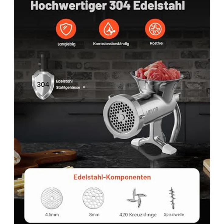 VEVOR manuelle Fleischwolf Hand Wurstfüller 304 Edelstahl, vielseitiger Küchenhelfer mit 4,5 & 8 mm Schneidplatten und Wurstrohr, silber – Bild 3