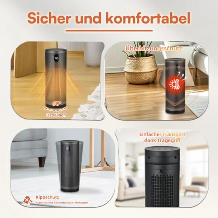 BE COOL Digitaler Stand-Heizlüfter "Benjamin" BCBenjamin26, 2000W mit Fernbedienung, 3 Heizstufen, ECO-Modus, integrierter Staubfilter – Bild 6