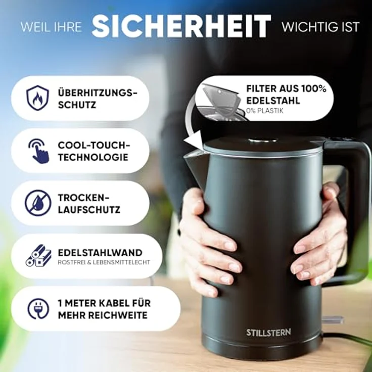 Stillstern Wasserkocher Turbo-Heat "Clarity", 1,7L, doppelwandig, 2200W, Anti-Fingerprint, leise, Edelstahl – Bild 3