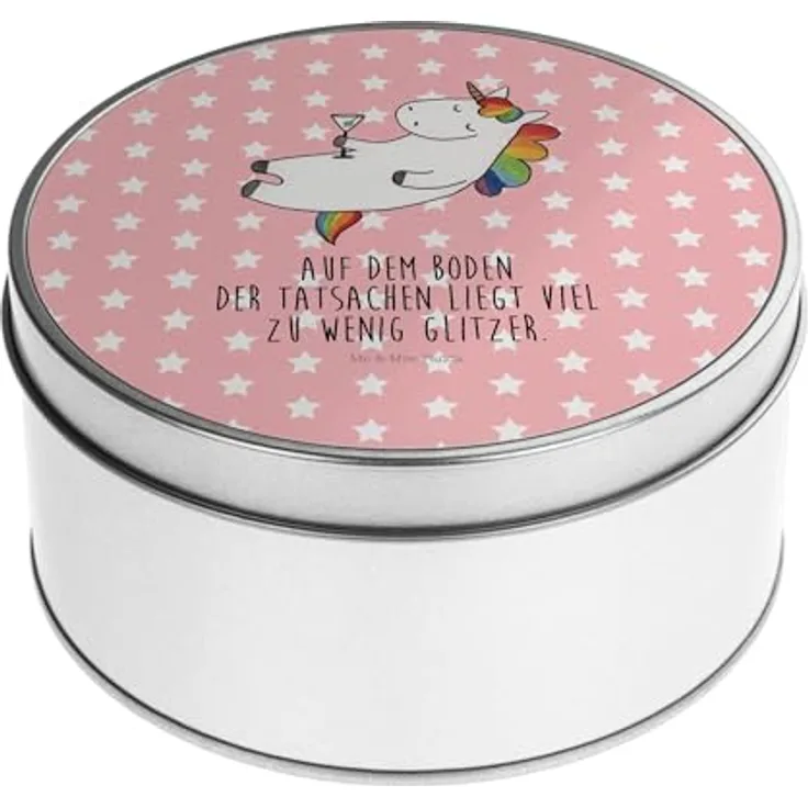 Mr. & Mrs. Panda Blechdose rund Einhorn Cocktail - Rot Pastell - Metallkiste mit witzigem Einhorn Motiv für Parties und als Geschenk