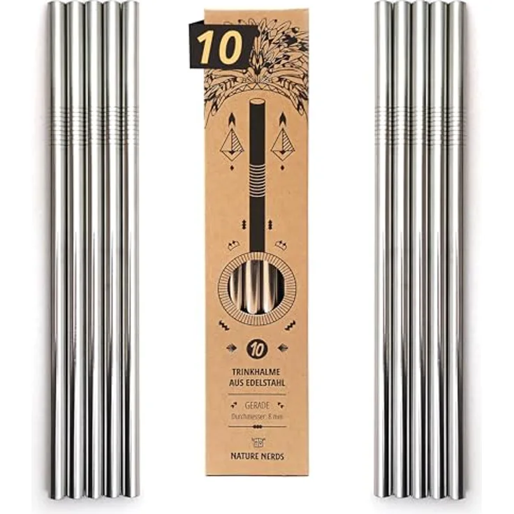 Nature Nerds Edelstahl-Trinkhalme, wiederverwendbar, 10 Stück gerade, 21,5 cm, plastikfreie Verpackung