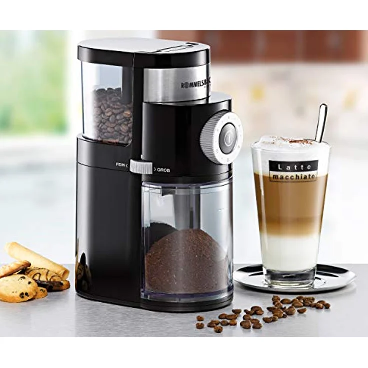 ROMMELSBACHER Kaffeemühle EKM 200 – aromaschonendes Scheibenmahlwerk, Mahlgrad einstellbar von grob bis fein, 2-12 Portionen, Füllmenge Bohnenbehälter 250 g, 110 Watt, schwarz – Bild 3