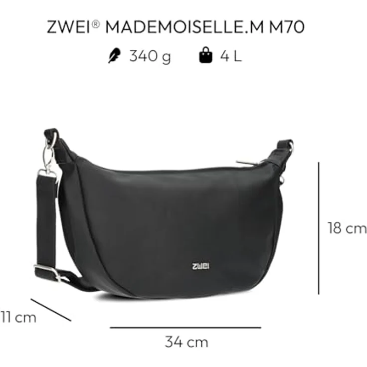 Zwei Mademoiselle.M Umhängetasche 34 cm, Schwarz, aus robustem Polyurethan mit praktischen Fächern und abnehmbarem Umhängeriemen – Bild 2