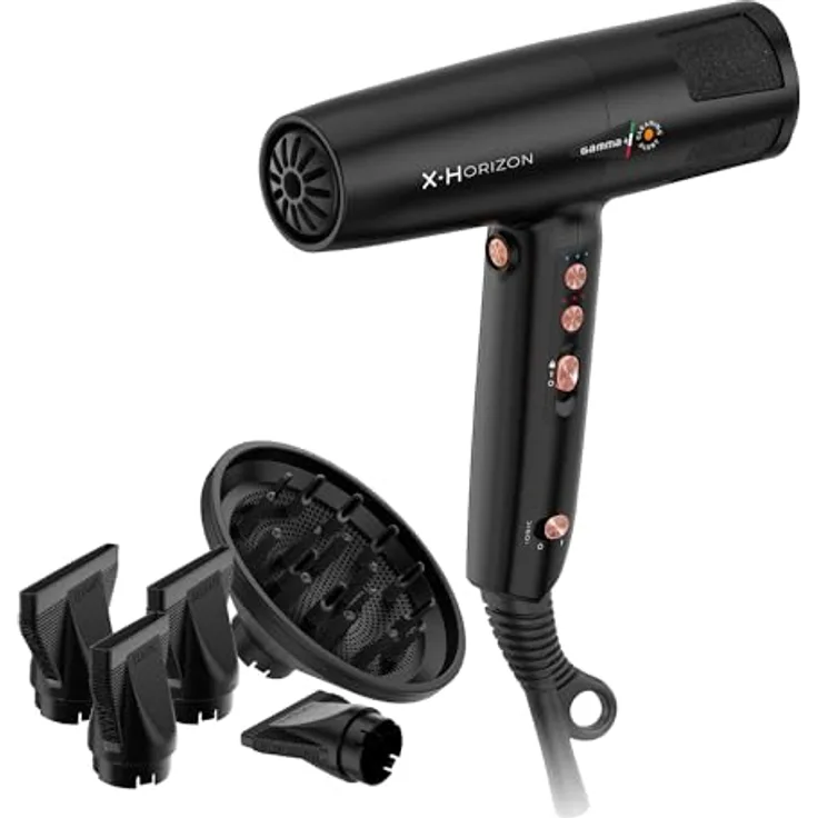 GAMMA+ X-Horizon Ionic Haartrockner, 290 g Ultraleichter Haartrockner Leise, Dual Ionic Technology, Made in Italy (Schwarz, SCHUKO-Stecker)