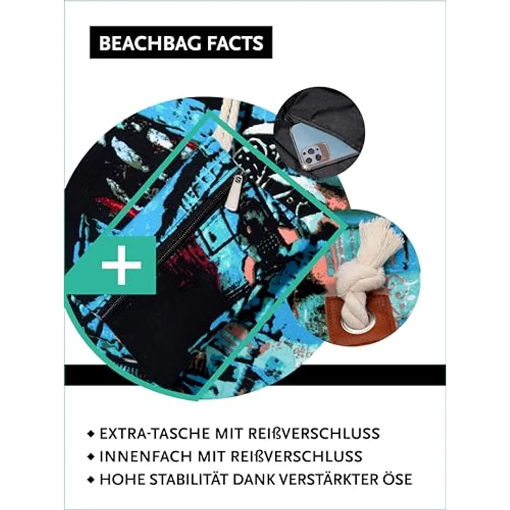DonDon Strandtasche XXL mit Reißverschluss, praktische Shopper Tasche Damen, Badetasche für Strand und Meer mit praktischer Mini Tasche im Abstract Art Design – Bild 3