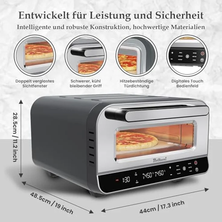 BOLKANI Elektrischer Pizzaofen, 1700W mit Pizzastein und Pizzaschieber, 450°C für knusprige Pizza in 2 Minuten, Timer und Innenbeleuchtung – Bild 2