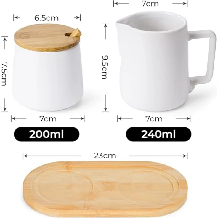 MIAMIO Milch und Zucker Set, Keramik Milchkännchen mit Holzdeckel und Löffel, mikrowellen- und spülmaschinenfest, Weiß – Bild 3