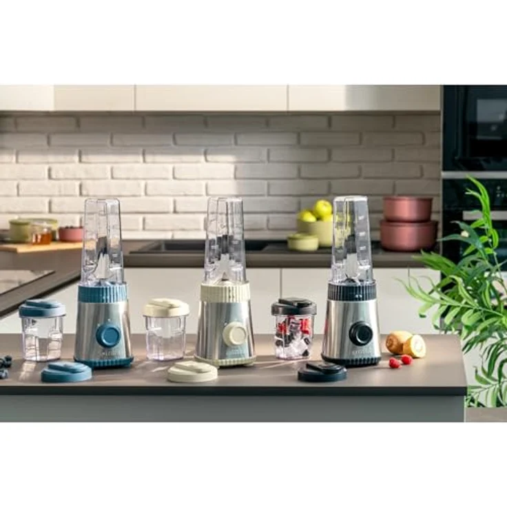 Guzzini Sous Chef, On-The-Go-Standmixer mit zwei luftdichten Bechern (600 ml und 300 ml), Doppelklinge aus Edelstahl, Pulse-Funktion, zwei Geschwindigkeiten, Bio-Basis (Cream) – Bild 2