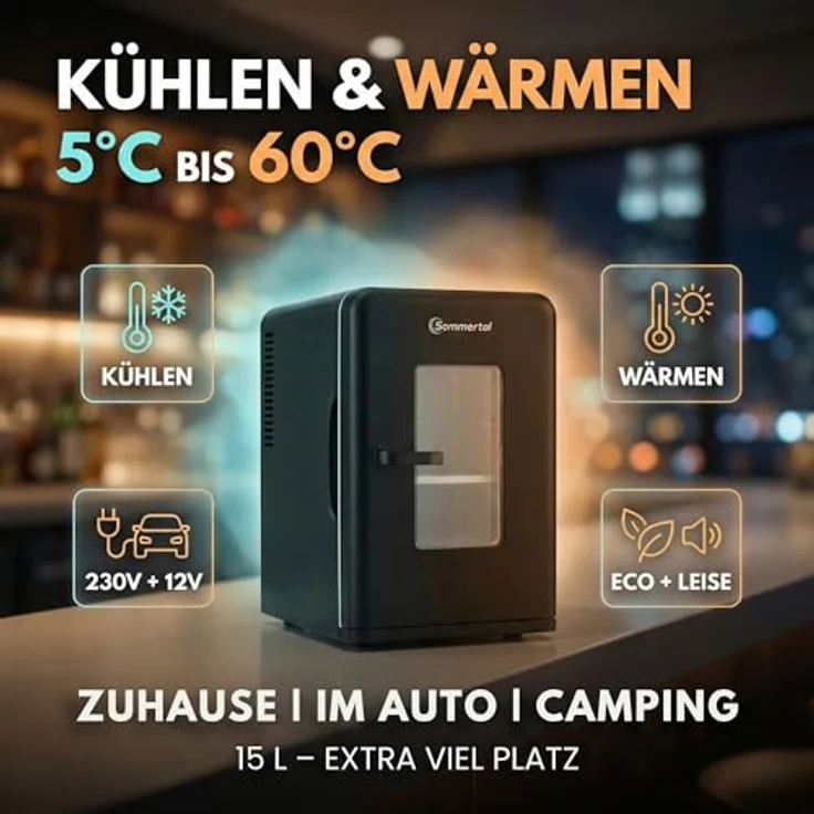 Sommertal Getränkekühlschrank KS15, 15 Liter Volumen, AC/DC Betrieb, leise & tragbar, Schwarz – Bild 3