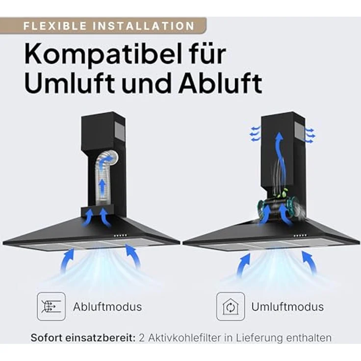 LEVIVO Dunstabzugshaube 90 cm, Umluft & Abluft mit 410 m³/h Luftleistung, 2 Aktivkohlefiltern, 3 Fettfiltern, Wandhaube, Edelstahl, 3 Stufen, LED-Beleuchtung – Bild 8