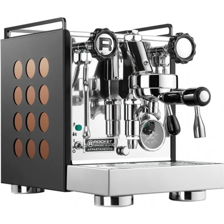 Rocket Appartamento Espressomaschine – kompakte, handgefertigte Kaffeemaschine in Schwarz und Kupfer
