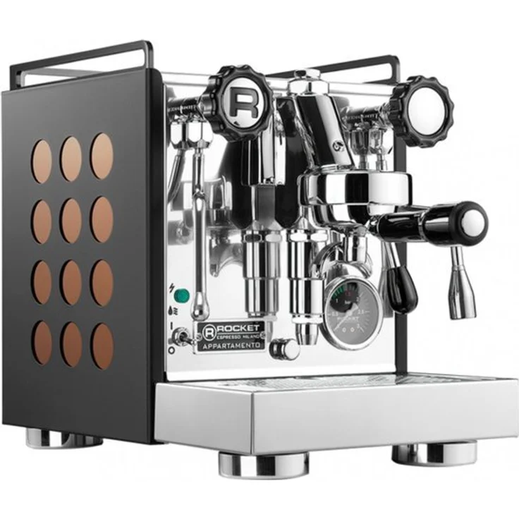 Rocket Appartamento Espressomaschine – kompakte, handgefertigte Kaffeemaschine in Schwarz und Kupfer