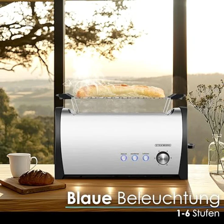 Steinborg XXL Langschlitztoaster 4 Scheiben, Edelstahl mit Brötchenaufsatz, blauer LED-Beleuchtung und automatischer Abschaltung – Bild 3