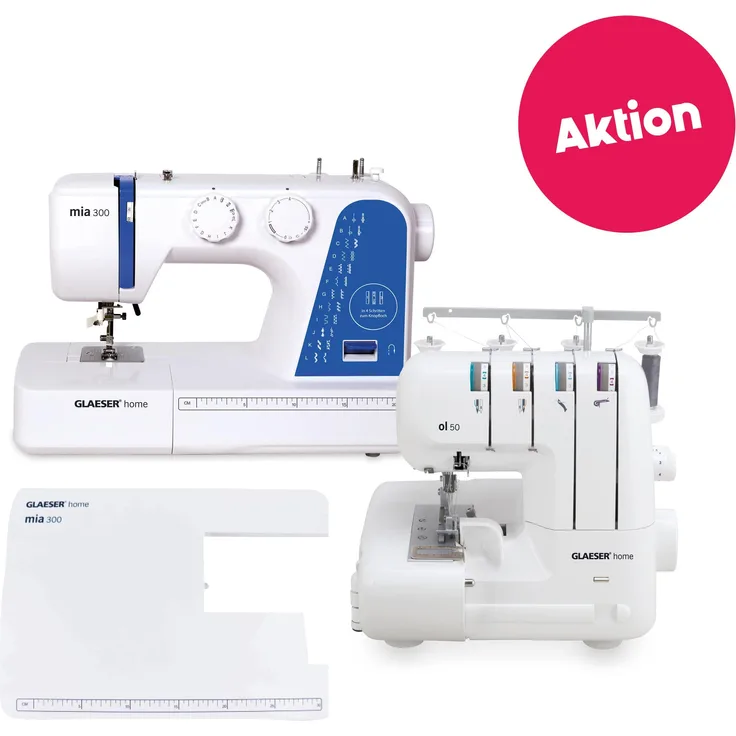 GLAESER home Nähmaschine GLAESERhome Advanced-Bundle ol50 + mia300, 24 vorprogrammierte Stiche, Kinderleichtes Einfädeln, intuitive Bedienung