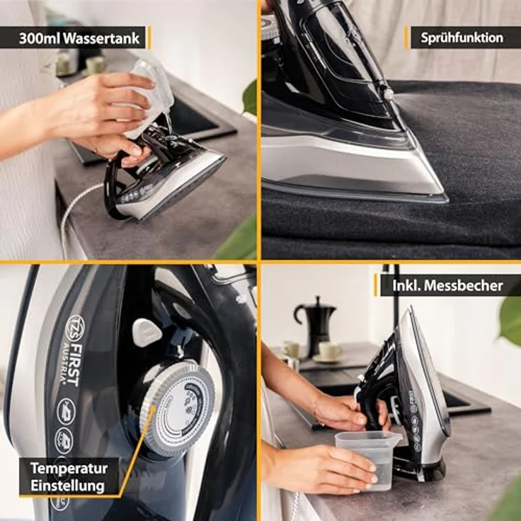 TZS First Austria Dampfbügeleisen I 2290-2720W I Keramiksohle I Selbstreinigung I Vertikaldampf I Anti-Kalk I Trockenbügeln I 0,3l Wassertank I 1.2 kg | Schwarz – Bild 4