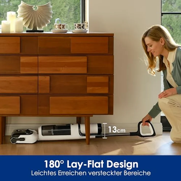 Tineco Floor One Stretch S6 Nass Trockensauger, 180°-Flachdesign Saugwischer 13cm Liegehöhe, 70°C 5min FlashDry Selbstreinigung, 3-Seitige Kantenreinigung 40min Laufzeit Reinigung unter tiefen Möbeln – Bild 2