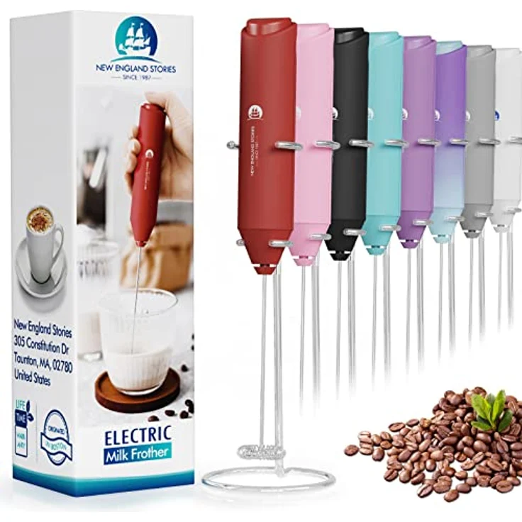New England Stories Handheld Foam Maker, leistungsstarker Milchaufschäumer mit Edelstahl-Schneebesen, rot, für Kaffee, Cappuccino, Latte und Matcha, ergonomisches Design mit Ständer – Bild 1