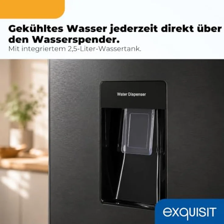 Exquisit KGC5265-70-WS-040E, Kühl-Gefrierkombination 260 l mit Wasserspender, 71 l Gefrierfach, Energieklasse E, LED-Beleuchtung, schwarz – Bild 4