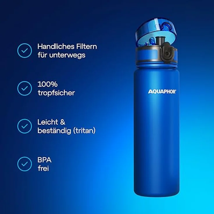 AQUAPHOR City Filterflasche 500ml Blau I Flasche mit Wasserfilter für unterwegs I Filter mit Aktivkohle I Filtert Chlor I Aus Tritan & BPA-frei I Für besseren Geschmack & Geruch des Wassers – Bild 2