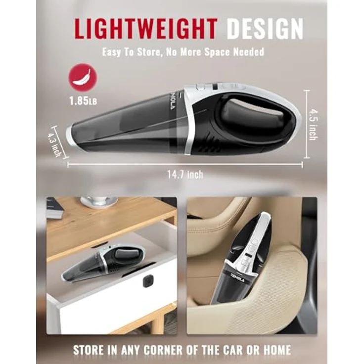 TEMOLA Handstaubsauger Akku, 15000PA Leistungsstarker Handstaubsauger Kabellos mit LED-Licht, Mini Staubsauger mit Bürstenlosem Motor, 2-Geschwindigkeit Staubsauger für Auto, Haus, Küche, Tierhaare – Bild 4