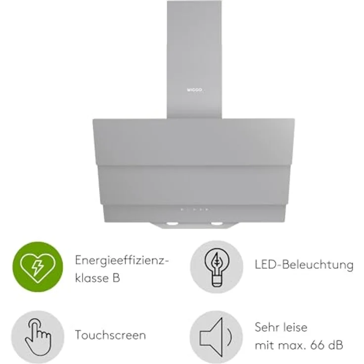 Wiggo B643 Dunstabzugshaube 60cm kopffrei I Abluft Umluft Dunstabzug 615m³/h - Touch-Display 4 Stufen I Energieeffizienzklasse B Schräghaube inkl. 2x Kohlefilter I Abzugshaube Glasfront grau – Bild 2