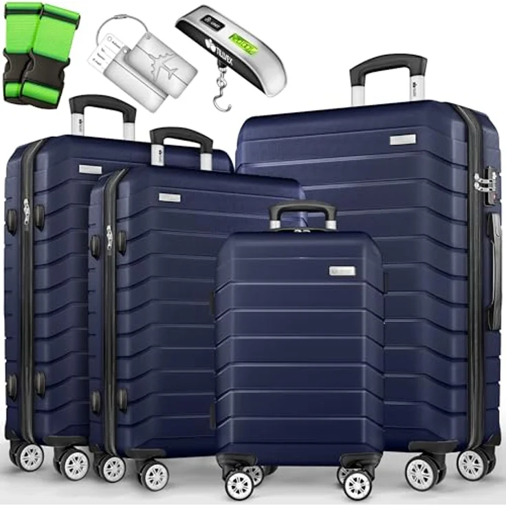 tillvex® Reisekoffer Set 4-TLG. Hartschalenkoffer S-M-L-XL mit TSA Schloss, Gepäckwaage, 8 Koffergurten & 4 Kofferanhängern, Navyblau – Bild 1