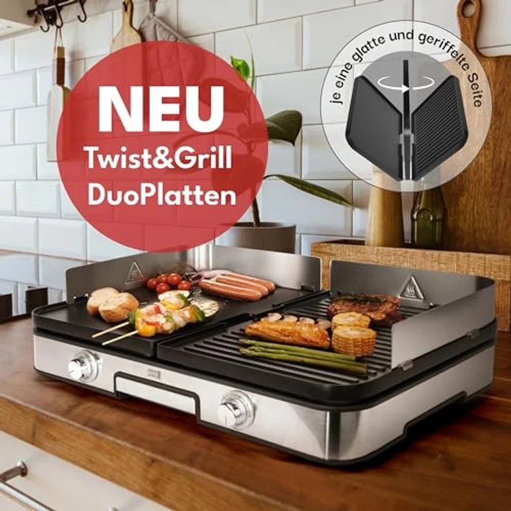 LEBENLANG Elektrogrill Tischgrill elektrisch - Inkl. Grillzange & Spritzschutz I 2400W Für Drinnen & Draußen I Elektrischer Plattengrill Indoor Grills Indoorgrill, Gusseisen-Optik – Bild 2