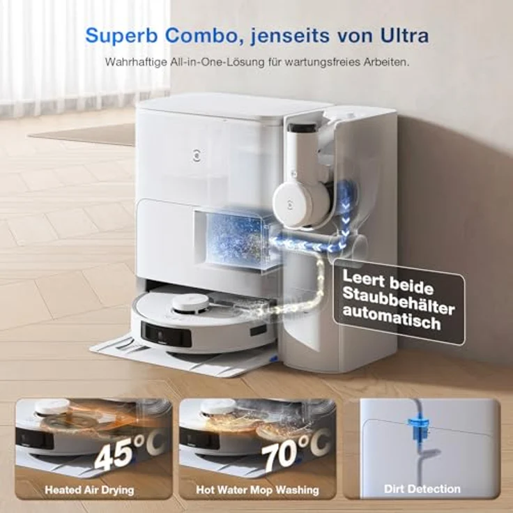ECOVACS DEEBOT T30S Combo Saugroboter mit Wischfunktion und Akku-Handstaubsauger, All-in-One Reinigungsstation, 11000Pa, ZeroTangle Technologie, TruEdge™ Kantenreinigung, Heißwasser-Mopp-Waschen – Bild 2